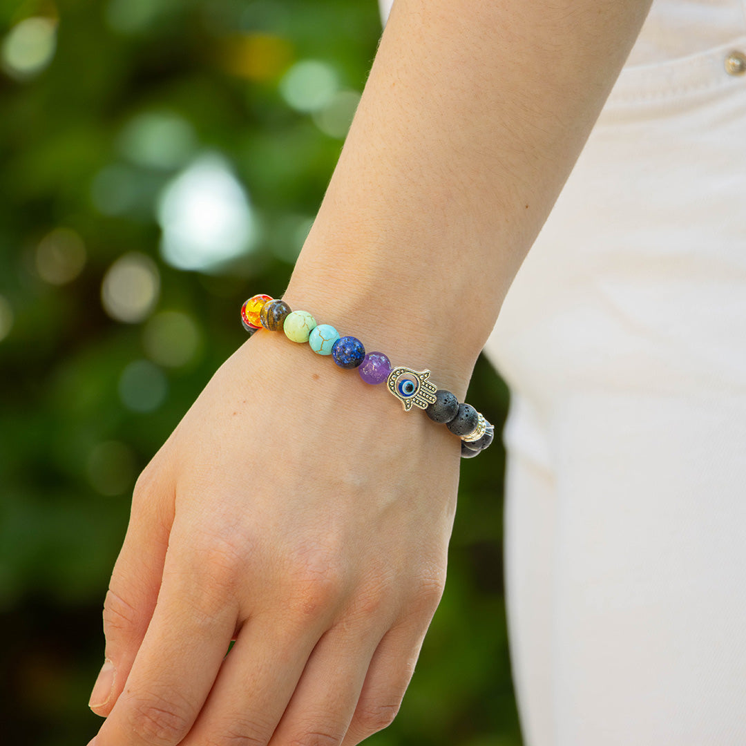 Pulsera De 7 Chakras Mano De Fátima Con Ojo De Nazar