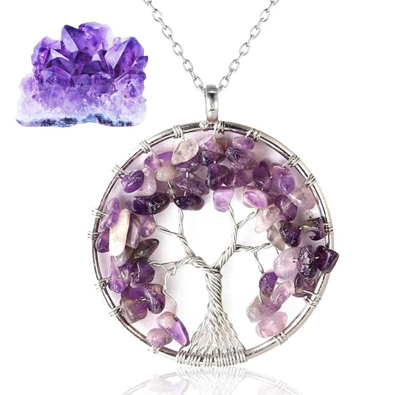 Oferta 2x1 - Collar de Cristales Curativos - Amatista Púrpura, Hecho a Mano, Árbol de la Vida